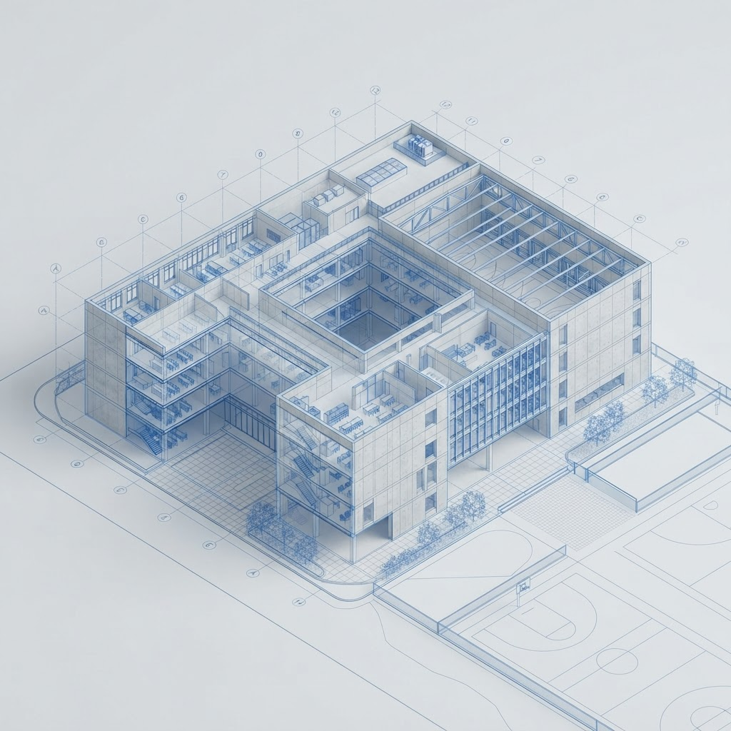 3D BIM model of the school building showing precast concrete facade and structural grid
